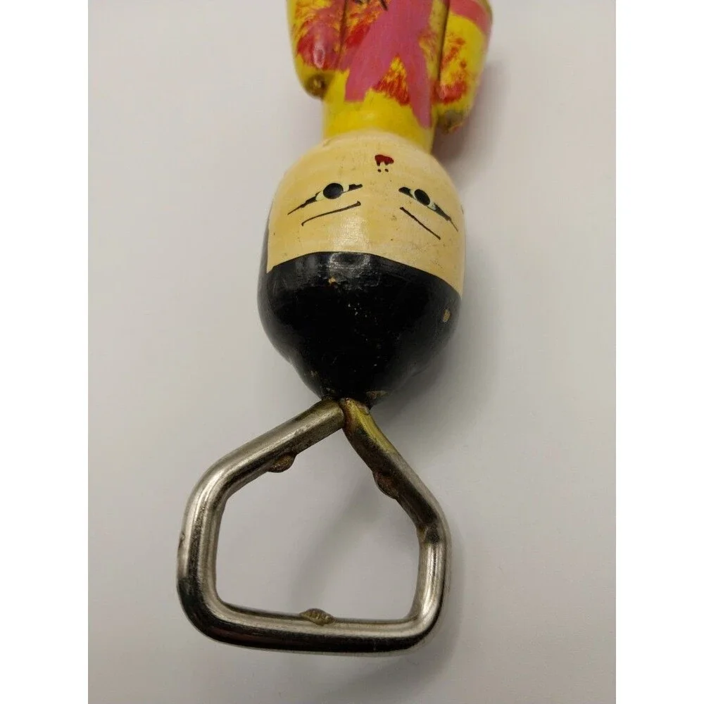 Vintage Wooden Doll Bottle Opener Handcrafted Yellow Red Black Decorative Unique